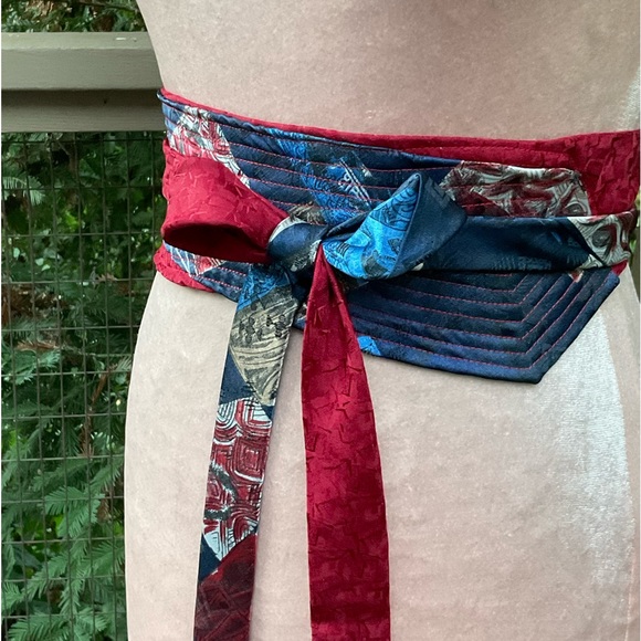 Blue Red geometric shimmer Japanese Obi style reused men’s silk ties wrap belt - Picture 7 of 13